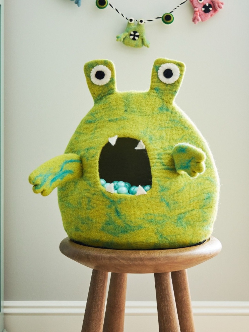 West Elm Halloween Felt Monster Candy Bowl Shades of Green with Blue Spots NWT